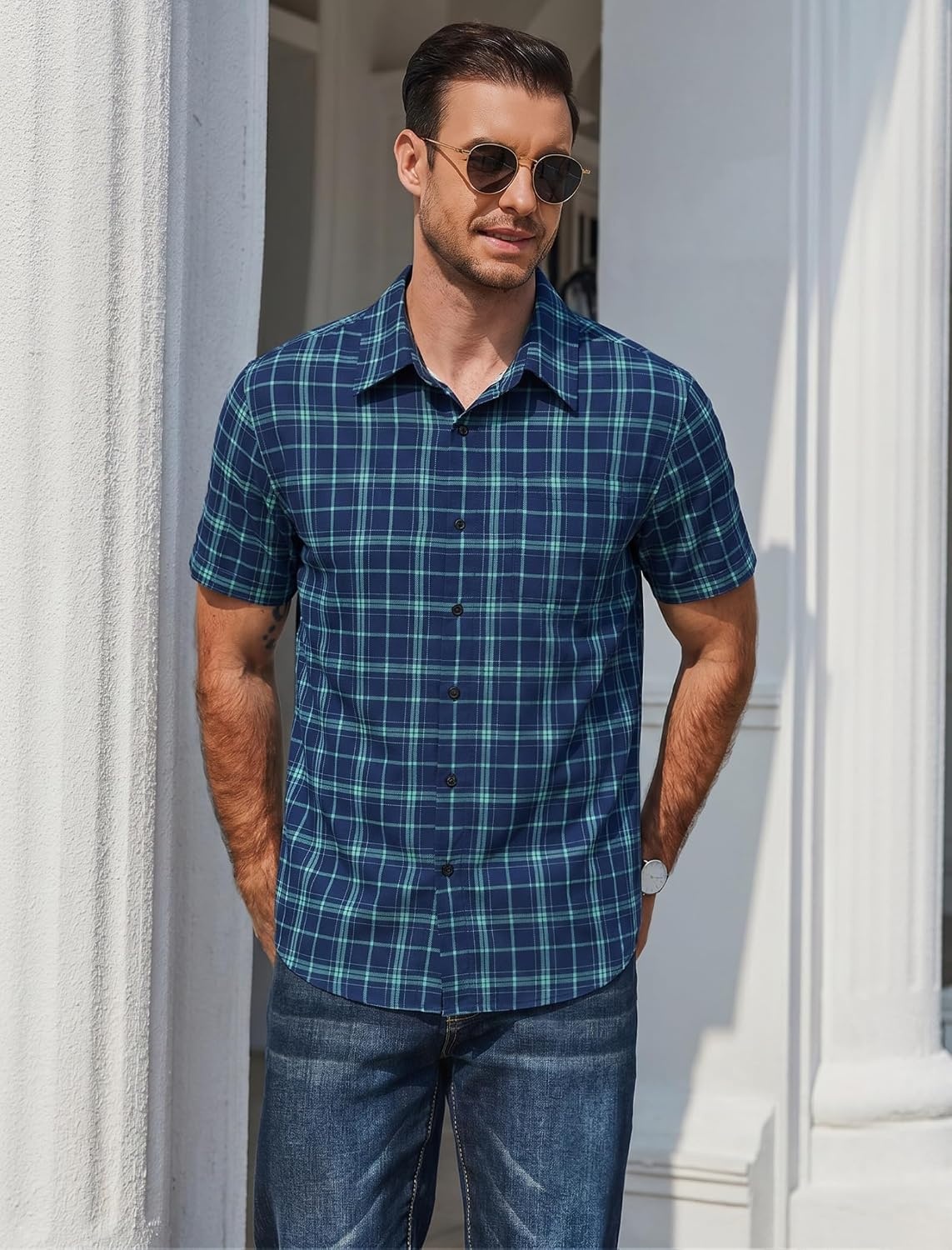 image:imageCOOFANDY Mens Plaid Button Down Shirts Short Sleeve Casual Summer Shirt Wrinkle Free Dress Shirts with PocketNavy and Green Plaid