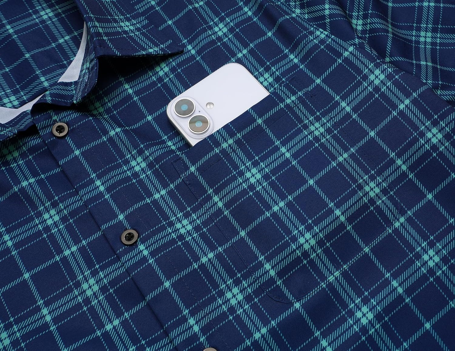 image:imageCOOFANDY Mens Plaid Button Down Shirts Short Sleeve Casual Summer Shirt Wrinkle Free Dress Shirts with PocketNavy and Green Plaid