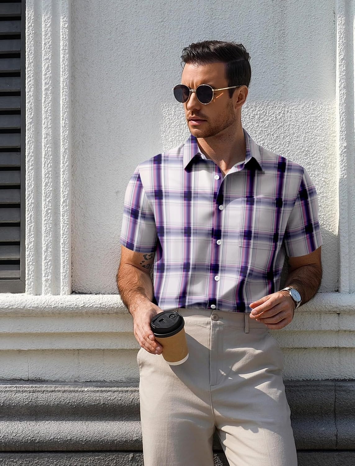 image:imageCOOFANDY Mens Plaid Button Down Shirts Short Sleeve Casual Summer Shirt Wrinkle Free Dress Shirts with PocketPurple Plaid