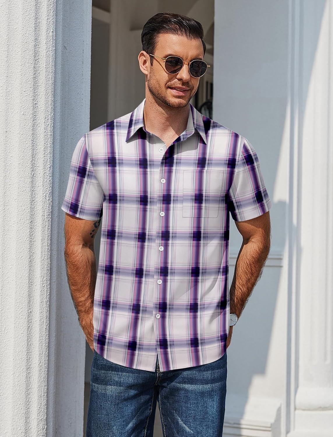 image:imageCOOFANDY Mens Plaid Button Down Shirts Short Sleeve Casual Summer Shirt Wrinkle Free Dress Shirts with PocketPurple Plaid