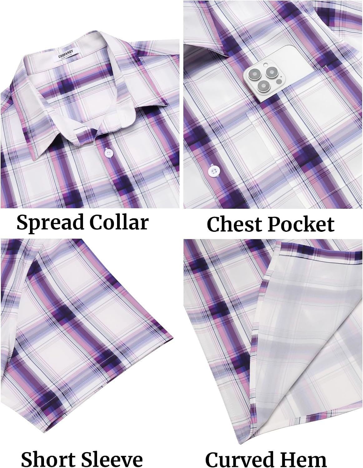 image:imageCOOFANDY Mens Plaid Button Down Shirts Short Sleeve Casual Summer Shirt Wrinkle Free Dress Shirts with PocketPurple Plaid