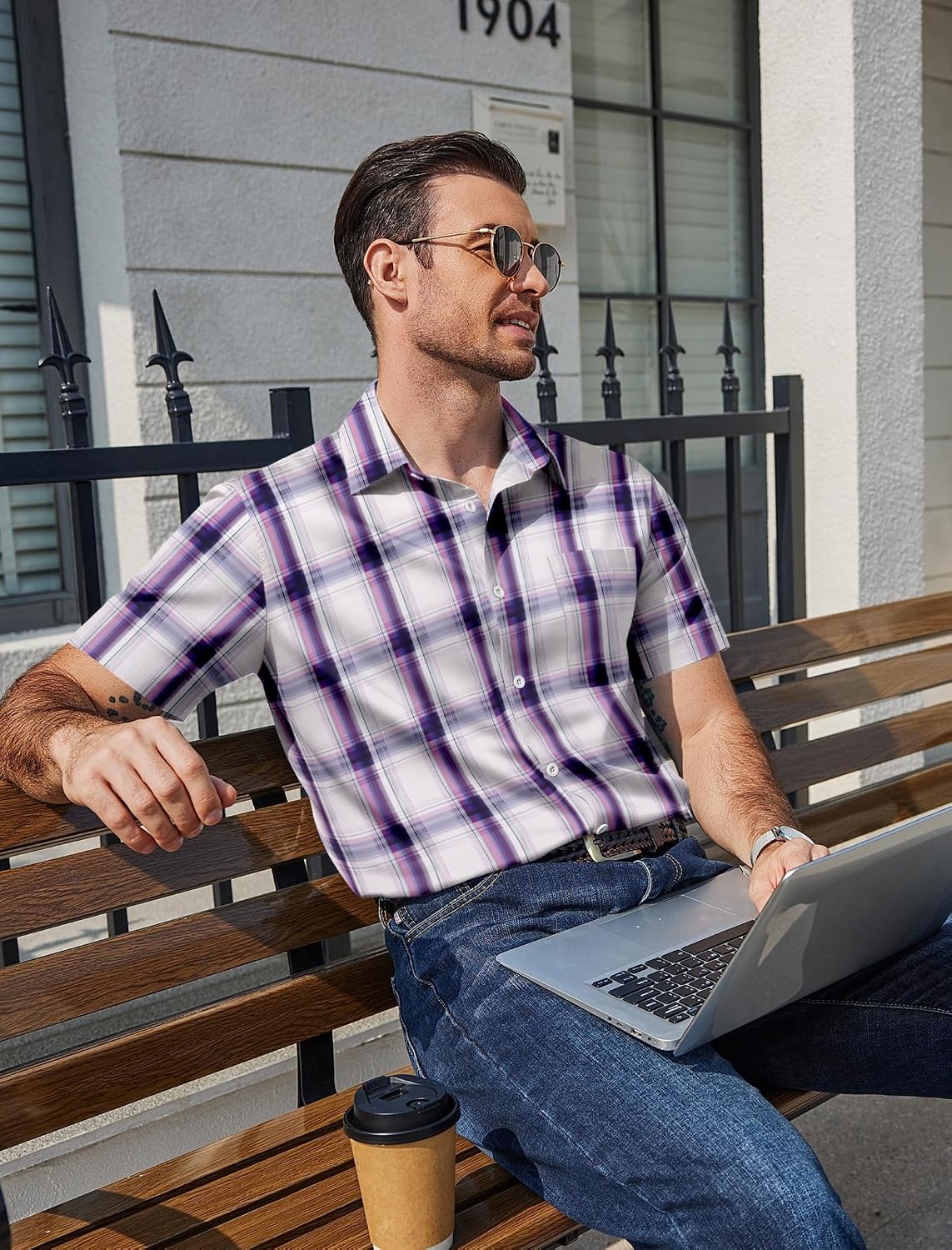 image:imageCOOFANDY Mens Plaid Button Down Shirts Short Sleeve Casual Summer Shirt Wrinkle Free Dress Shirts with PocketPurple Plaid
