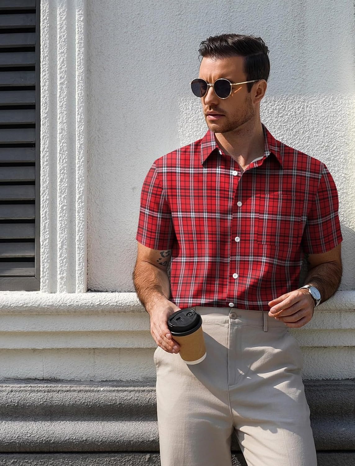image:imageCOOFANDY Mens Plaid Button Down Shirts Short Sleeve Casual Summer Shirt Wrinkle Free Dress Shirts with PocketRed Check