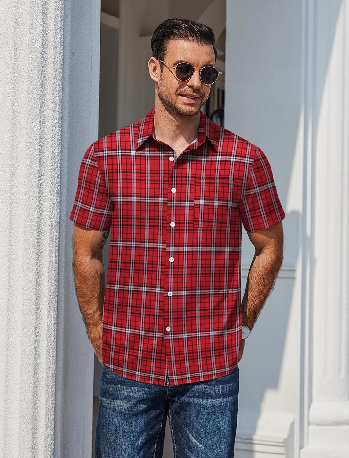 image:imageCOOFANDY Mens Plaid Button Down Shirts Short Sleeve Casual Summer Shirt Wrinkle Free Dress Shirts with PocketRed Check