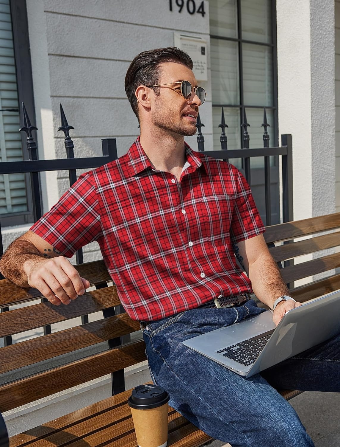 image:imageCOOFANDY Mens Plaid Button Down Shirts Short Sleeve Casual Summer Shirt Wrinkle Free Dress Shirts with PocketRed Check