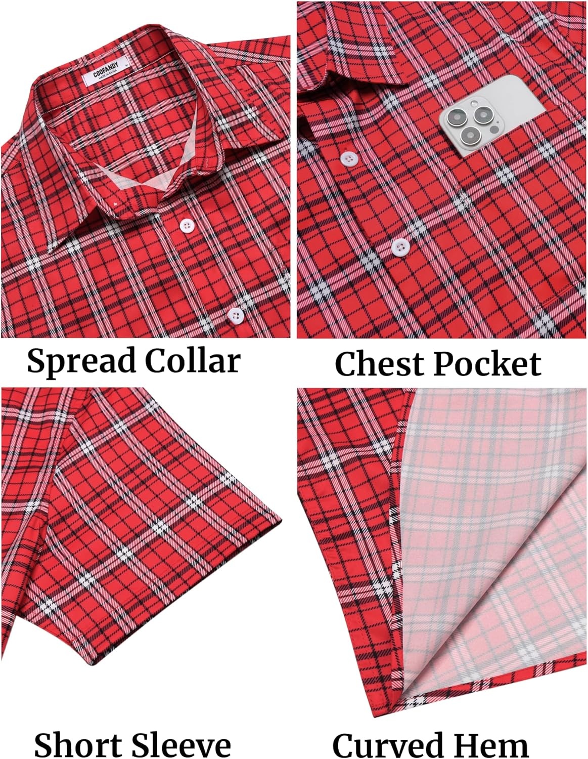 image:imageCOOFANDY Mens Plaid Button Down Shirts Short Sleeve Casual Summer Shirt Wrinkle Free Dress Shirts with PocketRed Check
