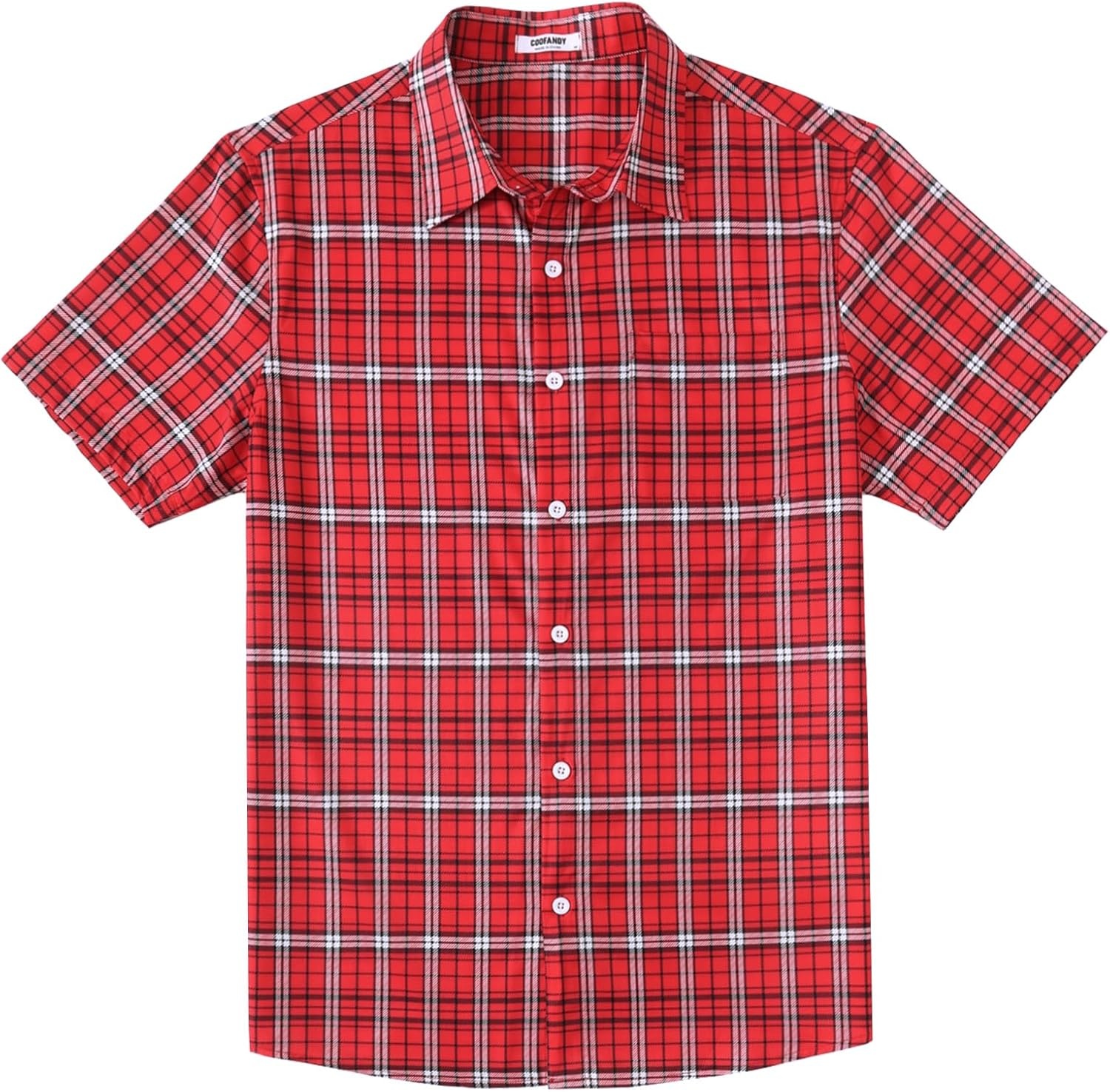 image:imageCOOFANDY Mens Plaid Button Down Shirts Short Sleeve Casual Summer Shirt Wrinkle Free Dress Shirts with PocketRed Check