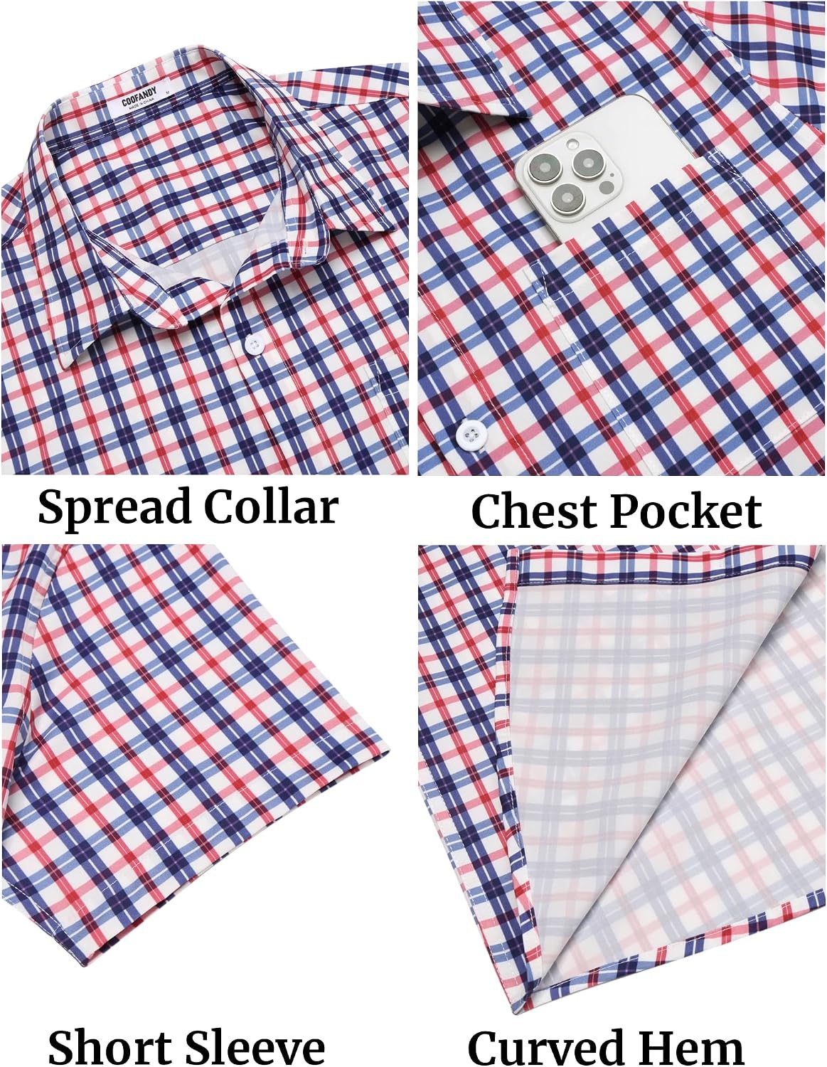 image:imageCOOFANDY Mens Plaid Button Down Shirts Short Sleeve Casual Summer Shirt Wrinkle Free Dress Shirts with PocketRed Navy Check