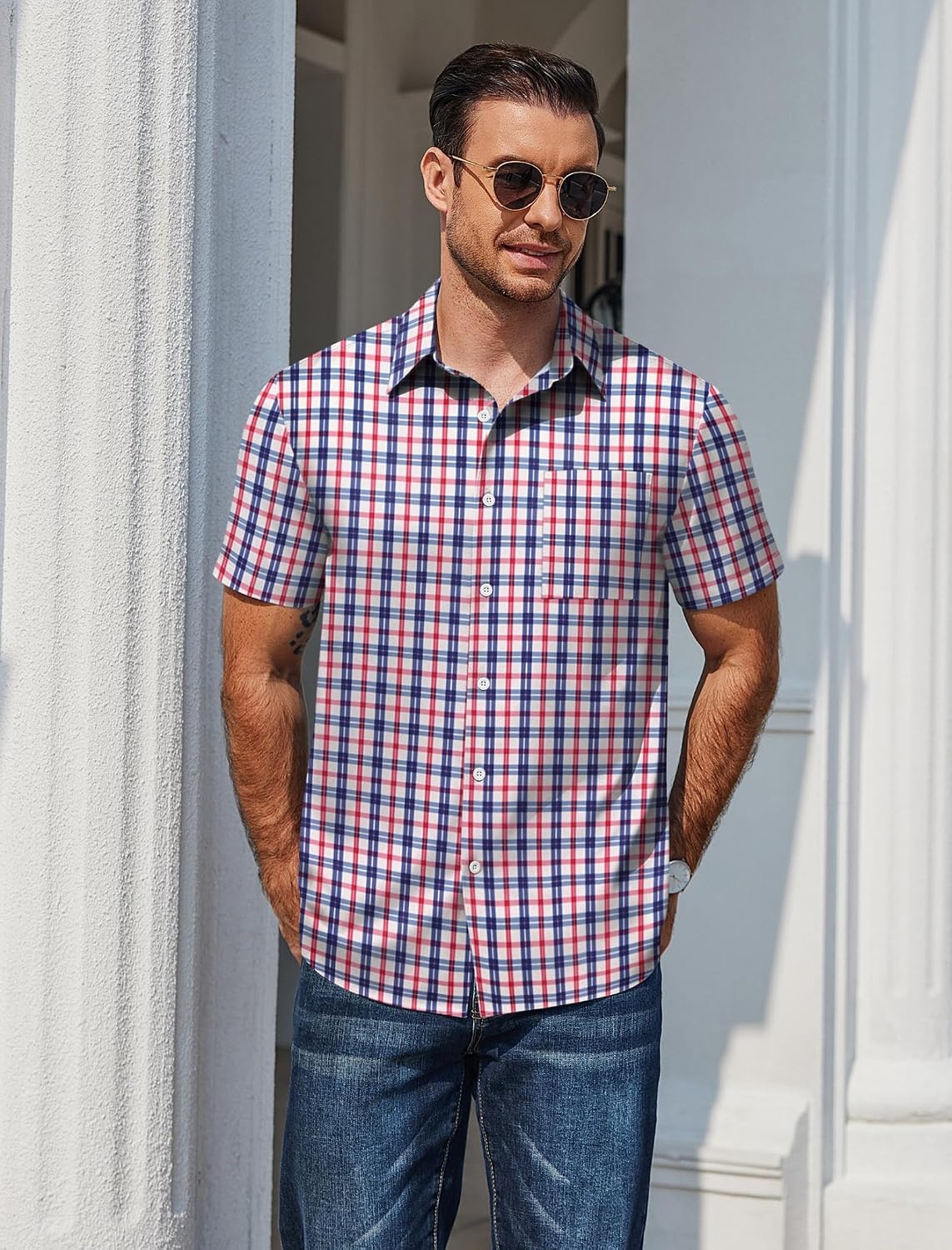 image:imageCOOFANDY Mens Plaid Button Down Shirts Short Sleeve Casual Summer Shirt Wrinkle Free Dress Shirts with PocketRed Navy Check