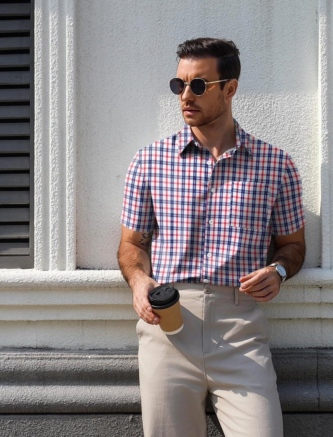 image:imageCOOFANDY Mens Plaid Button Down Shirts Short Sleeve Casual Summer Shirt Wrinkle Free Dress Shirts with PocketRed Navy Check
