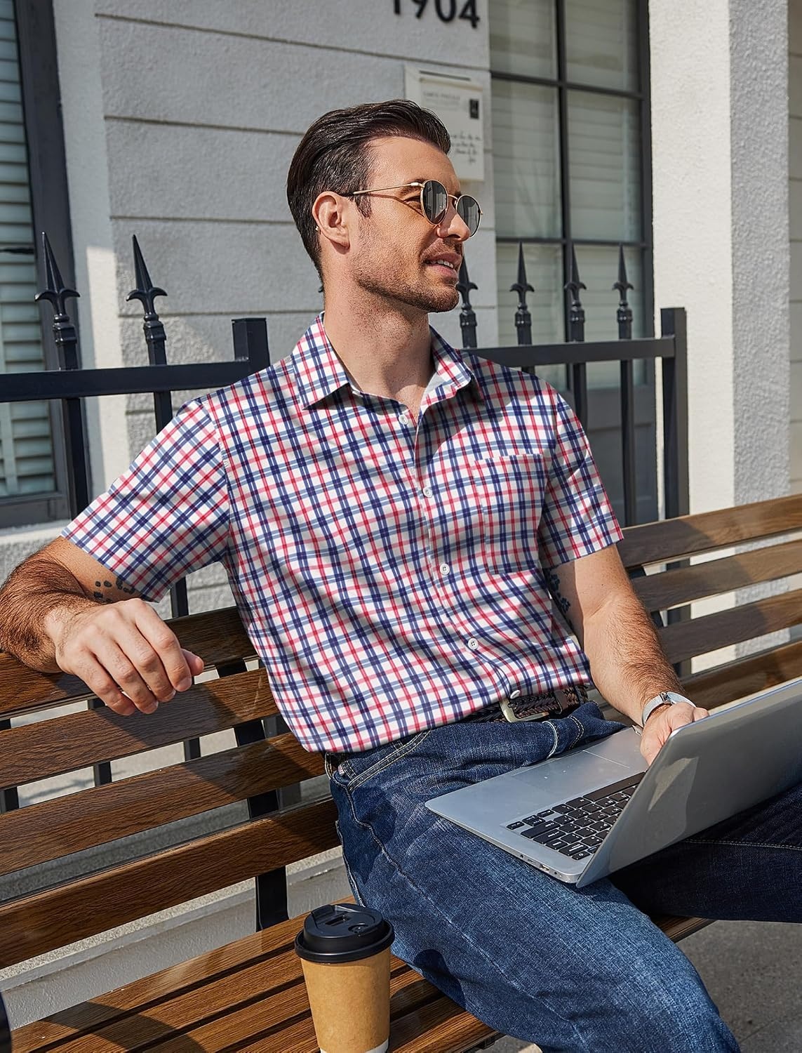 image:imageCOOFANDY Mens Plaid Button Down Shirts Short Sleeve Casual Summer Shirt Wrinkle Free Dress Shirts with PocketRed Navy Check