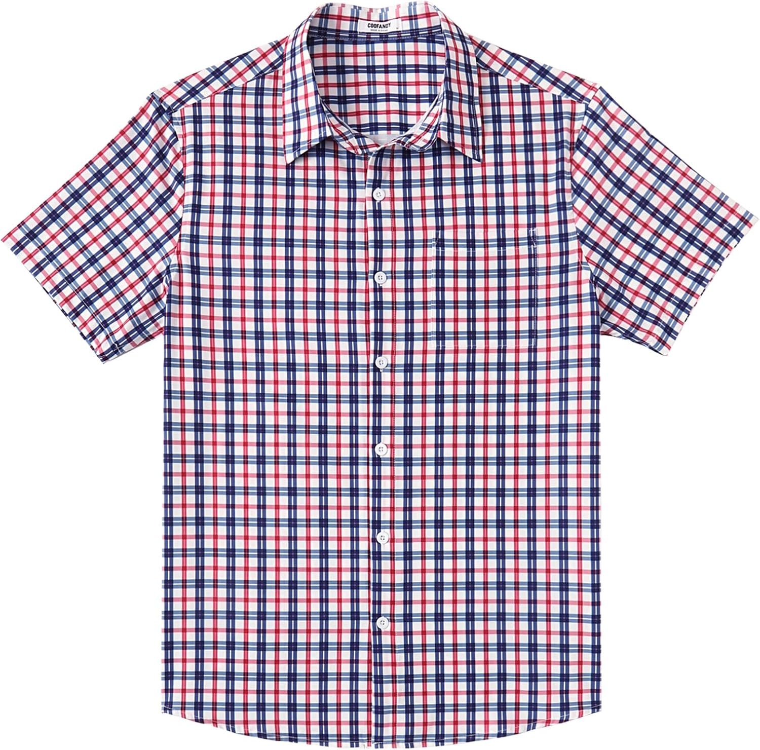 image:imageCOOFANDY Mens Plaid Button Down Shirts Short Sleeve Casual Summer Shirt Wrinkle Free Dress Shirts with PocketRed Navy Check