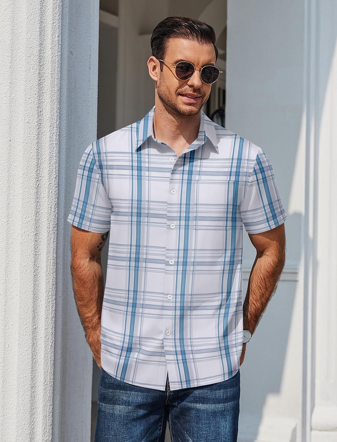 image:imageCOOFANDY Mens Plaid Button Down Shirts Short Sleeve Casual Summer Shirt Wrinkle Free Dress Shirts with PocketWhite Blue Plaid