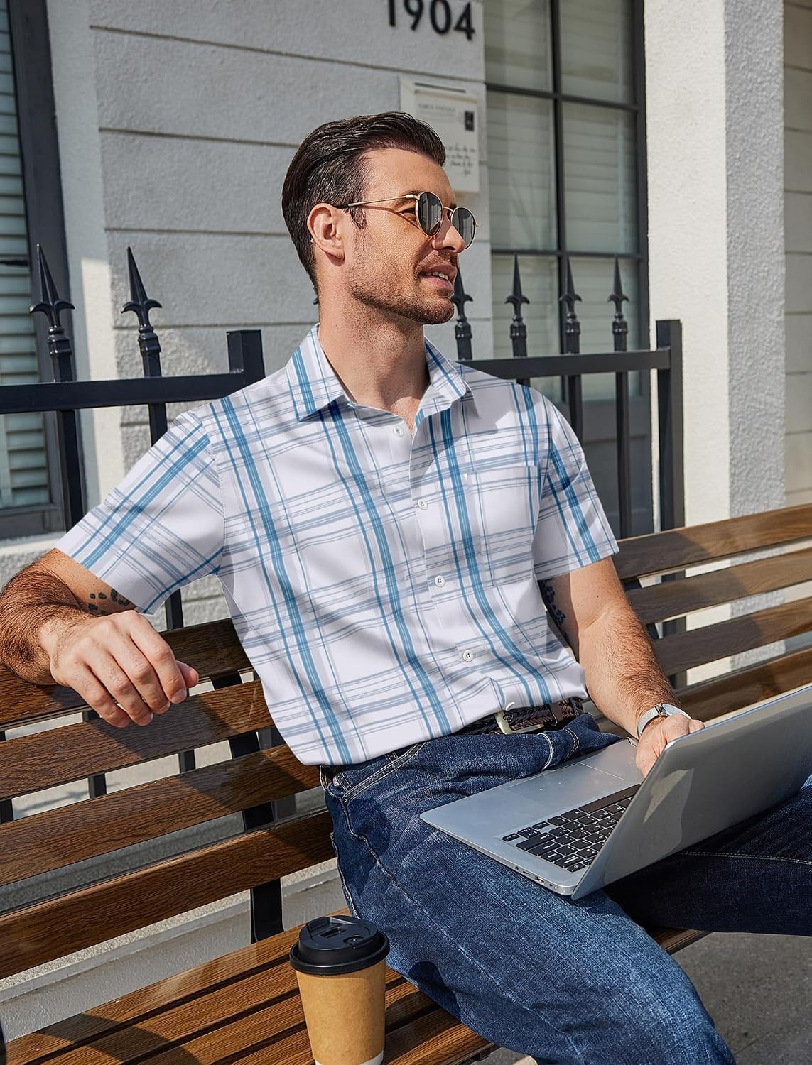 image:imageCOOFANDY Mens Plaid Button Down Shirts Short Sleeve Casual Summer Shirt Wrinkle Free Dress Shirts with PocketWhite Blue Plaid