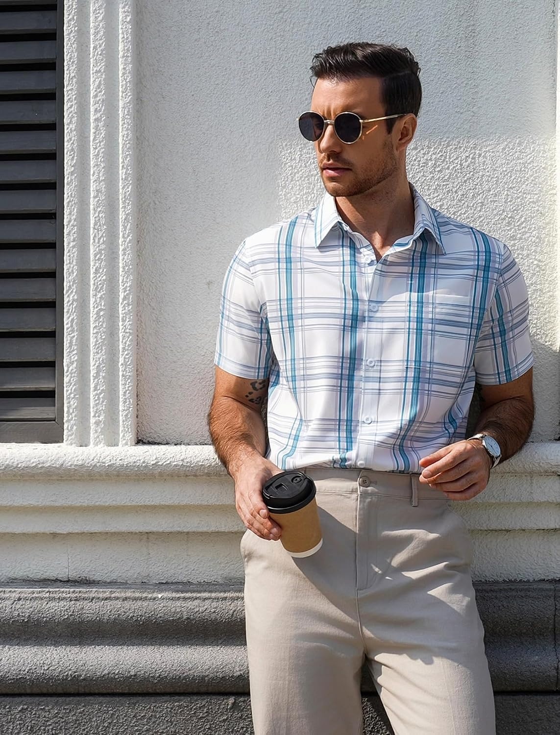 image:imageCOOFANDY Mens Plaid Button Down Shirts Short Sleeve Casual Summer Shirt Wrinkle Free Dress Shirts with PocketWhite Blue Plaid