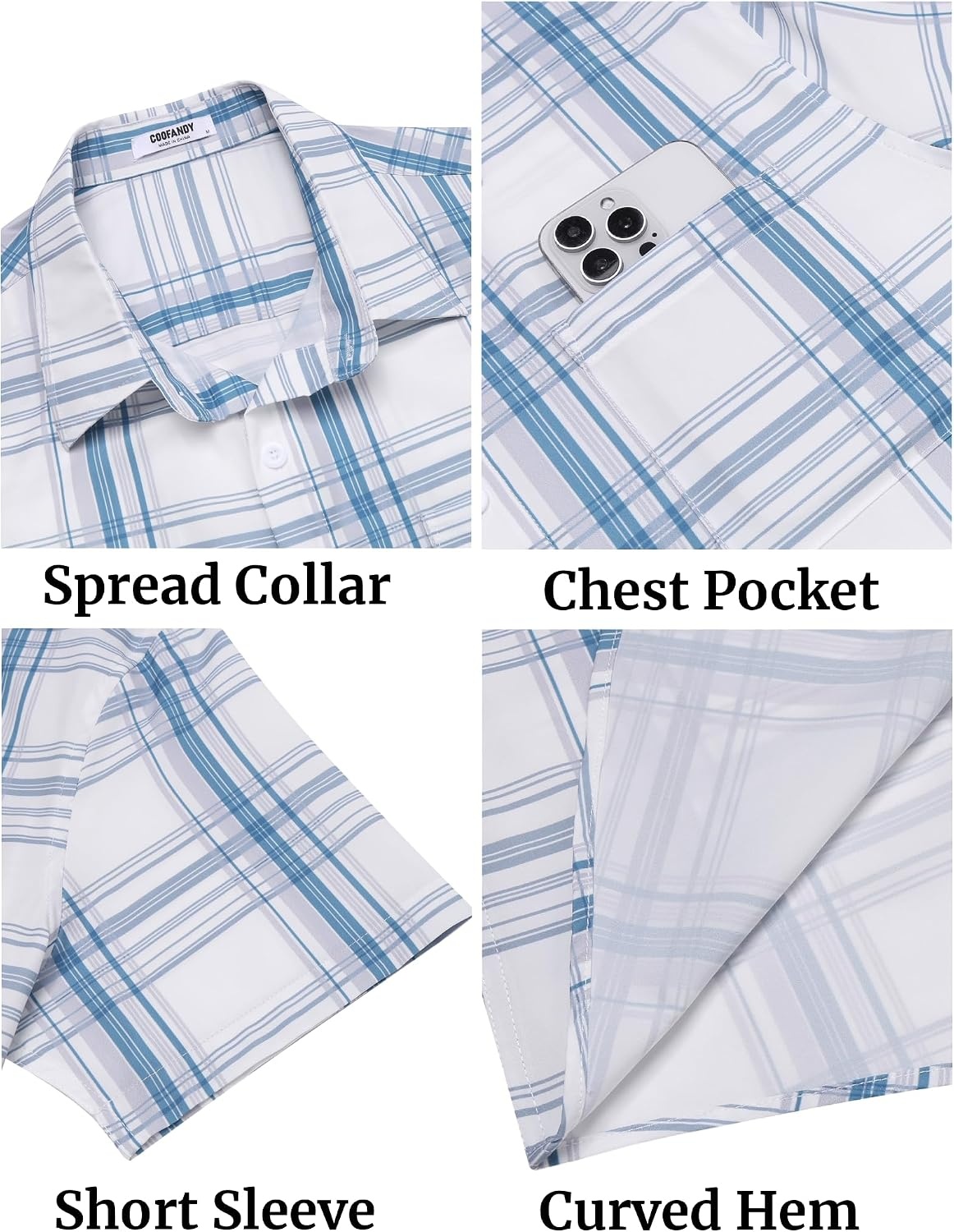 image:imageCOOFANDY Mens Plaid Button Down Shirts Short Sleeve Casual Summer Shirt Wrinkle Free Dress Shirts with PocketWhite Blue Plaid