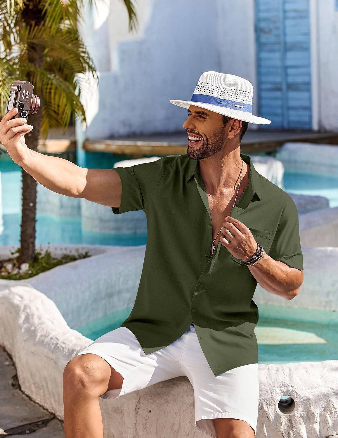 image:imageCOOFANDY Shirts for Men Short Sleeve with Pocket Button Down Shirt Casual Summer Beach Shirts Army Green Small
