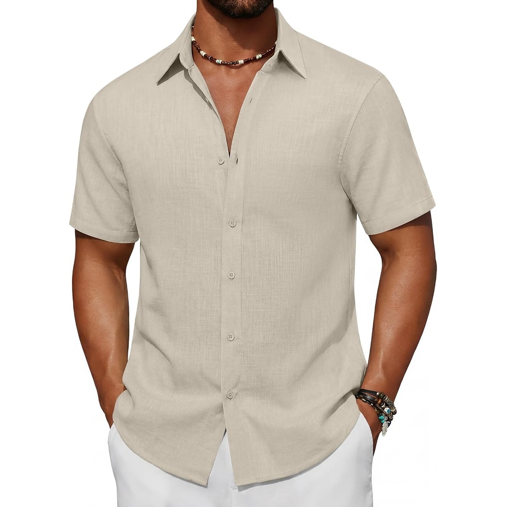 image:imageCOOFANDY Mens Button Down Shirts Short Sleeve Linen Shirt Summer Beach Shirt with Pocket Khaki