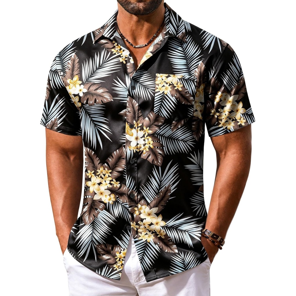 image:imageCOOFANDY Mens Hawaiian Shirt Short Sleeve Summer Button Down Shirts Tropical Vacation Beach Aloha Shirts with PocketBlack Palm Leaf