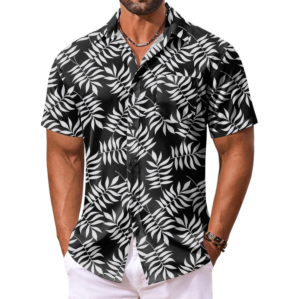 image:imageCOOFANDY Mens Hawaiian Shirt Short Sleeve Summer Button Down Shirts Tropical Vacation Beach Aloha Shirts with PocketBlack White Leaf