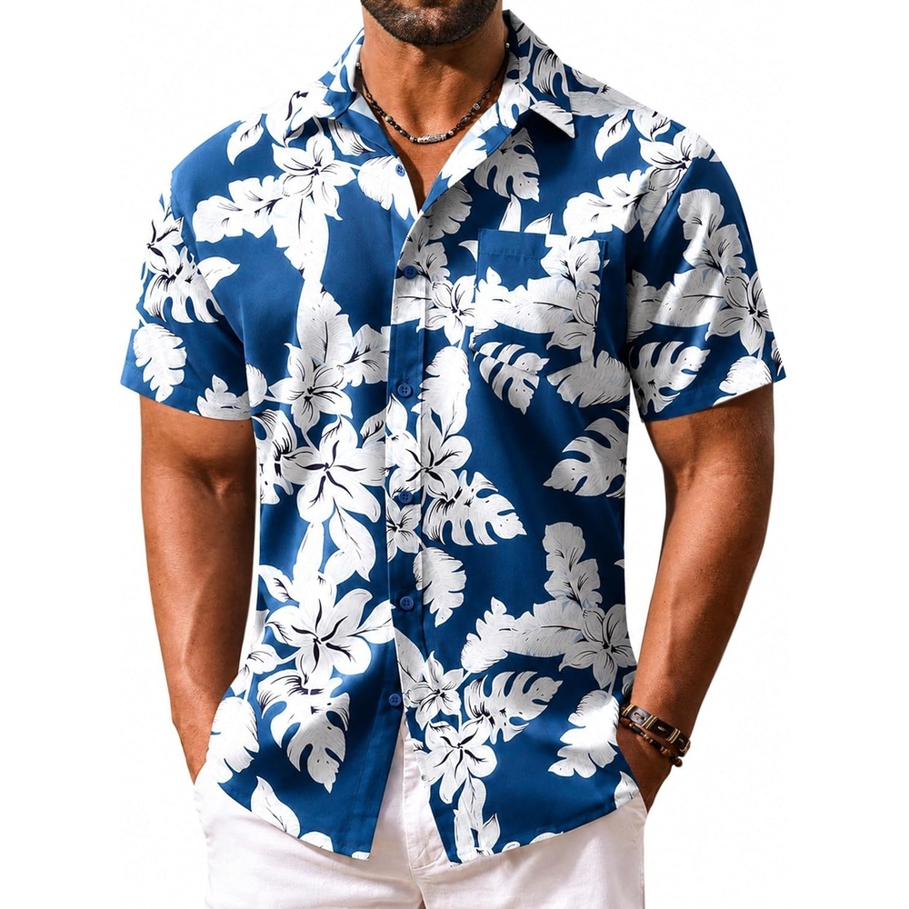 image:imageCOOFANDY Mens Hawaiian Shirt Short Sleeve Summer Button Down Shirts Tropical Vacation Beach Aloha Shirts with PocketBlue White Flower