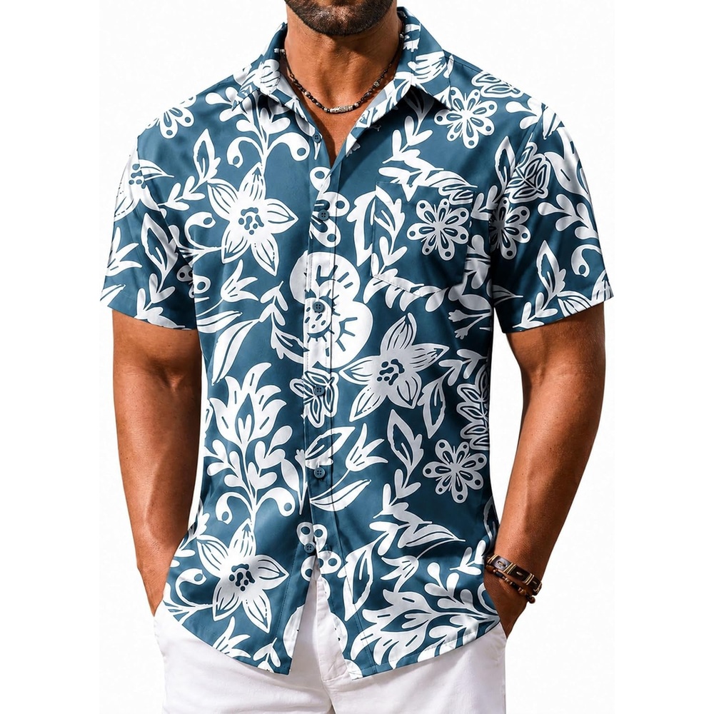 image:imageCOOFANDY Mens Hawaiian Shirt Short Sleeve Summer Button Down Shirts Tropical Vacation Beach Aloha Shirts with PocketDark Green White Flower