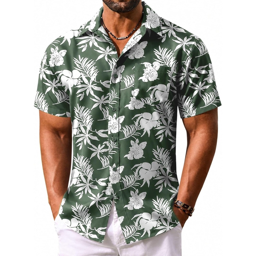 image:imageCOOFANDY Mens Hawaiian Shirt Short Sleeve Summer Button Down Shirts Tropical Vacation Beach Aloha Shirts with PocketGreen White Flower