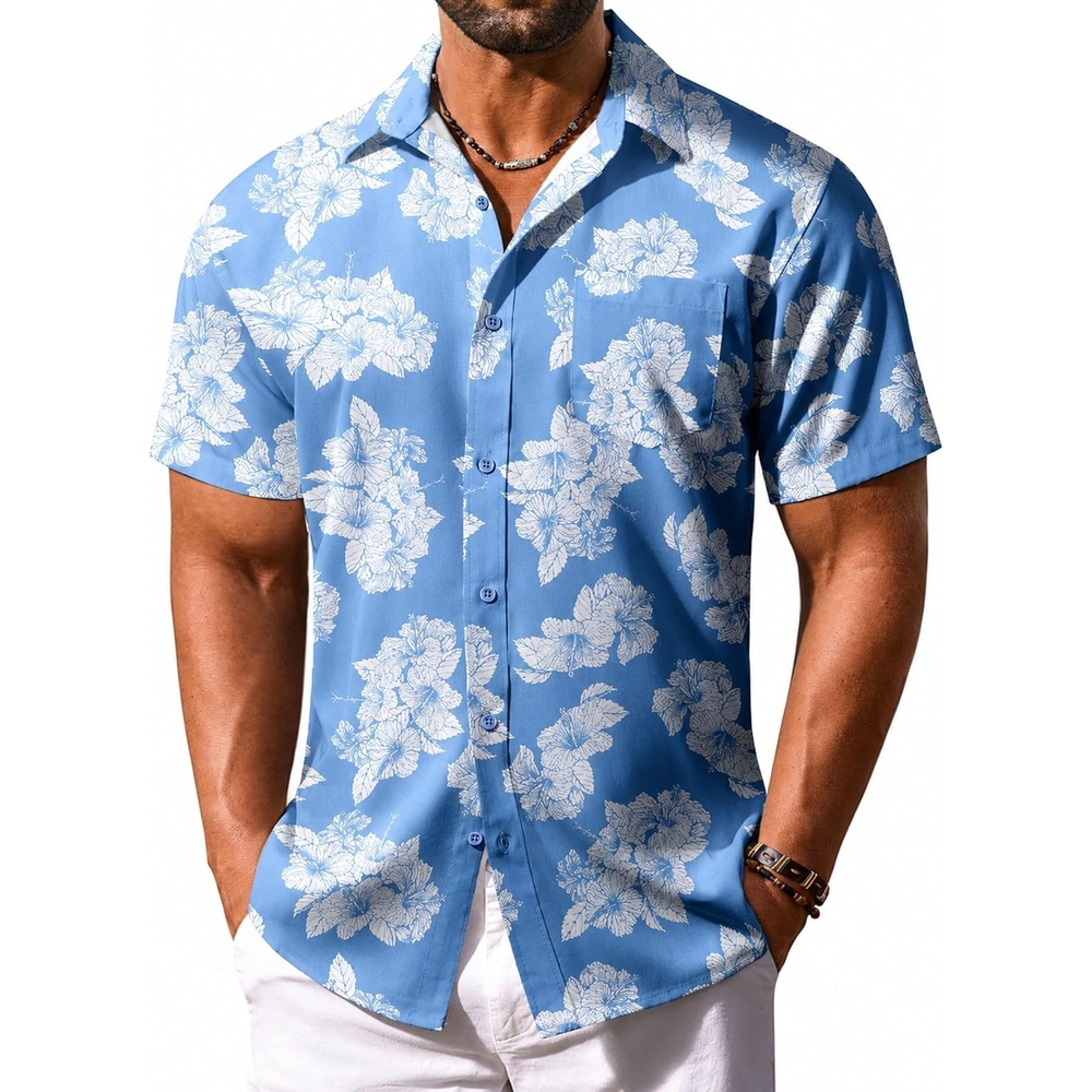 image:imageCOOFANDY Mens Hawaiian Shirt Short Sleeve Summer Button Down Shirts Tropical Vacation Beach Aloha Shirts with PocketLight Blue White Leaf