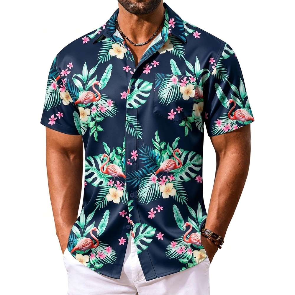 image:imageCOOFANDY Mens Hawaiian Shirt Short Sleeve Summer Button Down Shirts Tropical Vacation Beach Aloha Shirts with PocketNavy  Flamingo