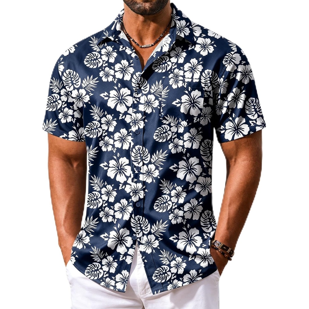 image:imageCOOFANDY Mens Hawaiian Shirt Short Sleeve Summer Button Down Shirts Tropical Vacation Beach Aloha Shirts with PocketNavy White Flower