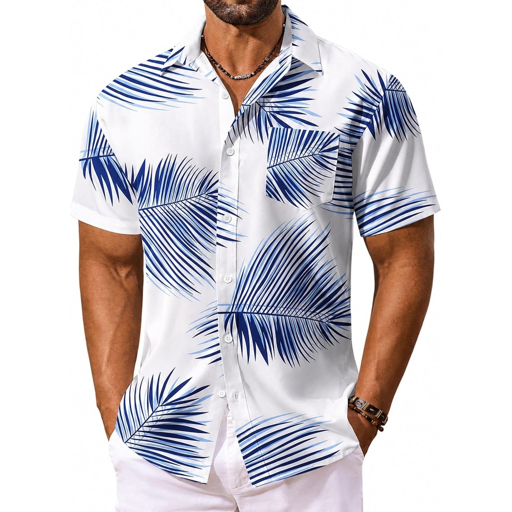 image:imageCOOFANDY Mens Hawaiian Shirt Short Sleeve Summer Button Down Shirts Tropical Vacation Beach Aloha Shirts with PocketWhite Blue Leaf