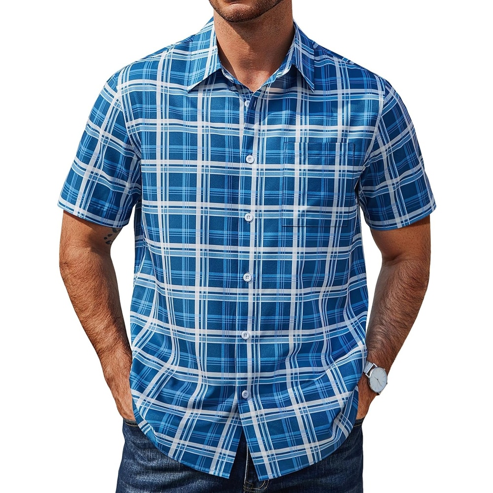 image:imageCOOFANDY Mens Plaid Button Down Shirts Short Sleeve Casual Summer Shirt Wrinkle Free Dress Shirts with Pocket01deep Blue White Plaid