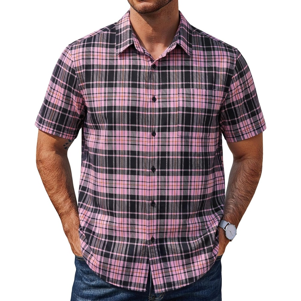 image:imageCOOFANDY Mens Plaid Button Down Shirts Short Sleeve Casual Summer Shirt Wrinkle Free Dress Shirts with PocketBlack Pink Plaid