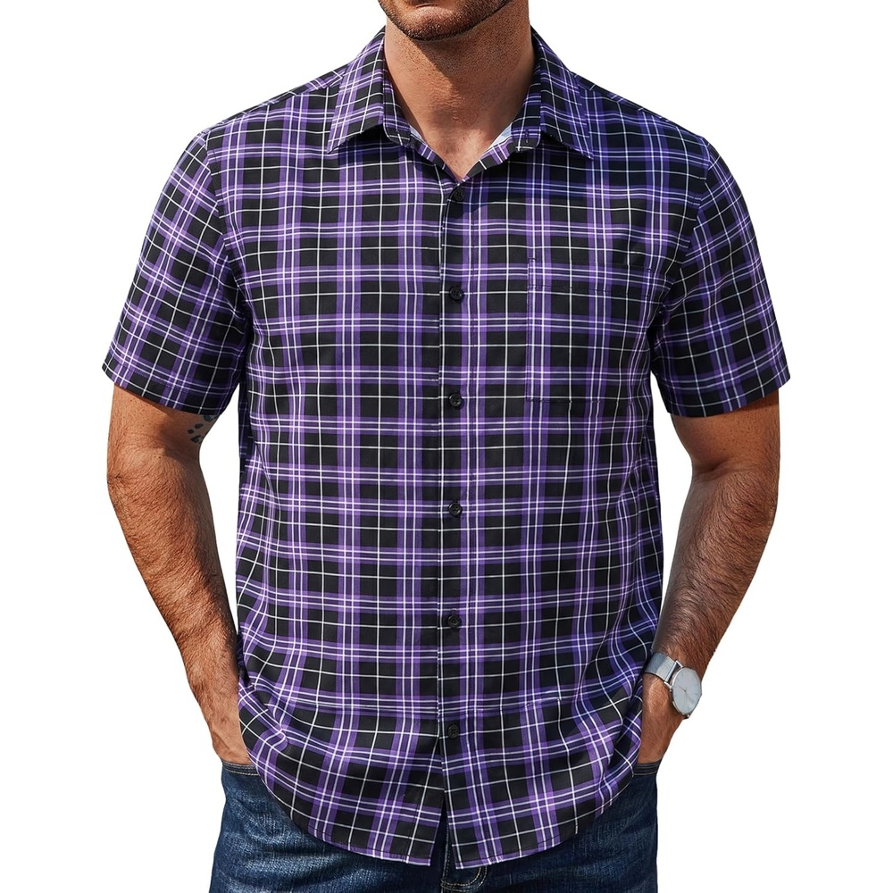 image:imageCOOFANDY Mens Plaid Button Down Shirts Short Sleeve Casual Summer Shirt Wrinkle Free Dress Shirts with PocketBlack Purple Pliad