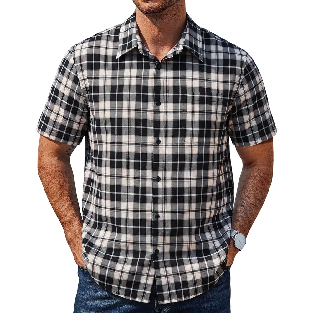 image:imageCOOFANDY Mens Plaid Button Down Shirts Short Sleeve Casual Summer Shirt Wrinkle Free Dress Shirts with PocketBlack White Khaki Plaid