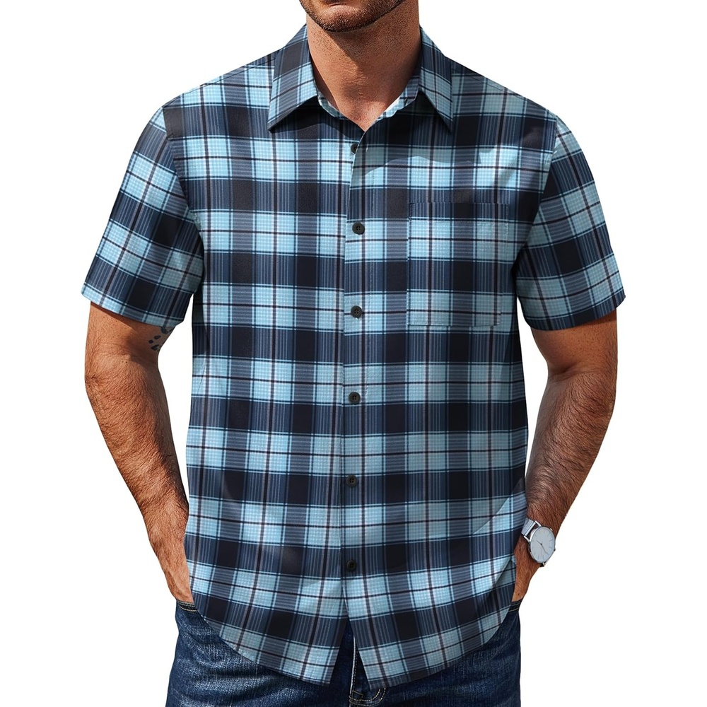 image:imageCOOFANDY Mens Plaid Button Down Shirts Short Sleeve Casual Summer Shirt Wrinkle Free Dress Shirts with PocketBlue Black Check