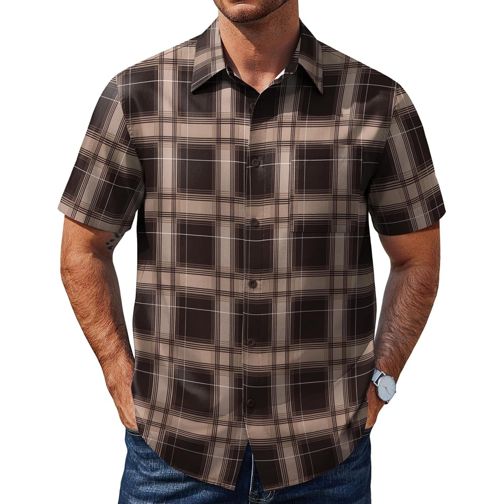 image:imageCOOFANDY Mens Plaid Button Down Shirts Short Sleeve Casual Summer Shirt Wrinkle Free Dress Shirts with PocketBrown Khaki Plaid