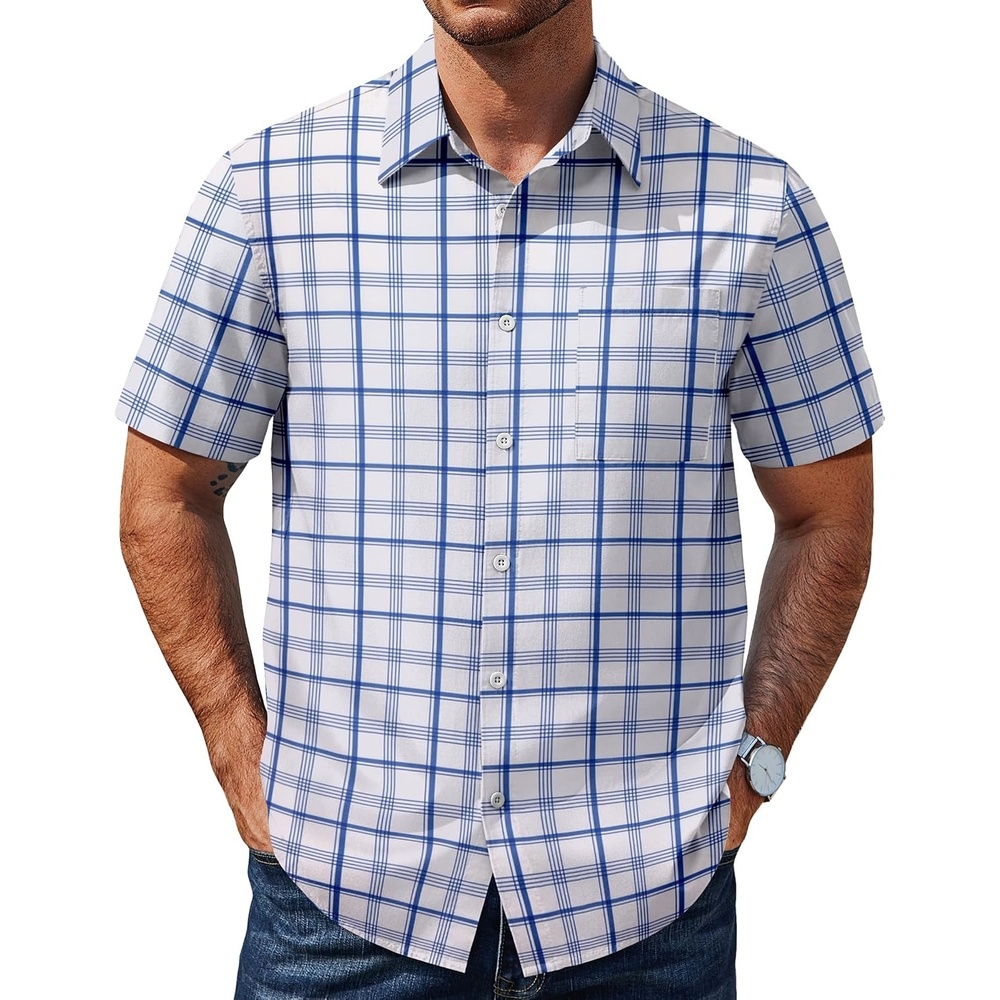 image:imageCOOFANDY Mens Plaid Button Down Shirts Short Sleeve Casual Summer Shirt Wrinkle Free Dress Shirts with PocketDark Blue White Plaid