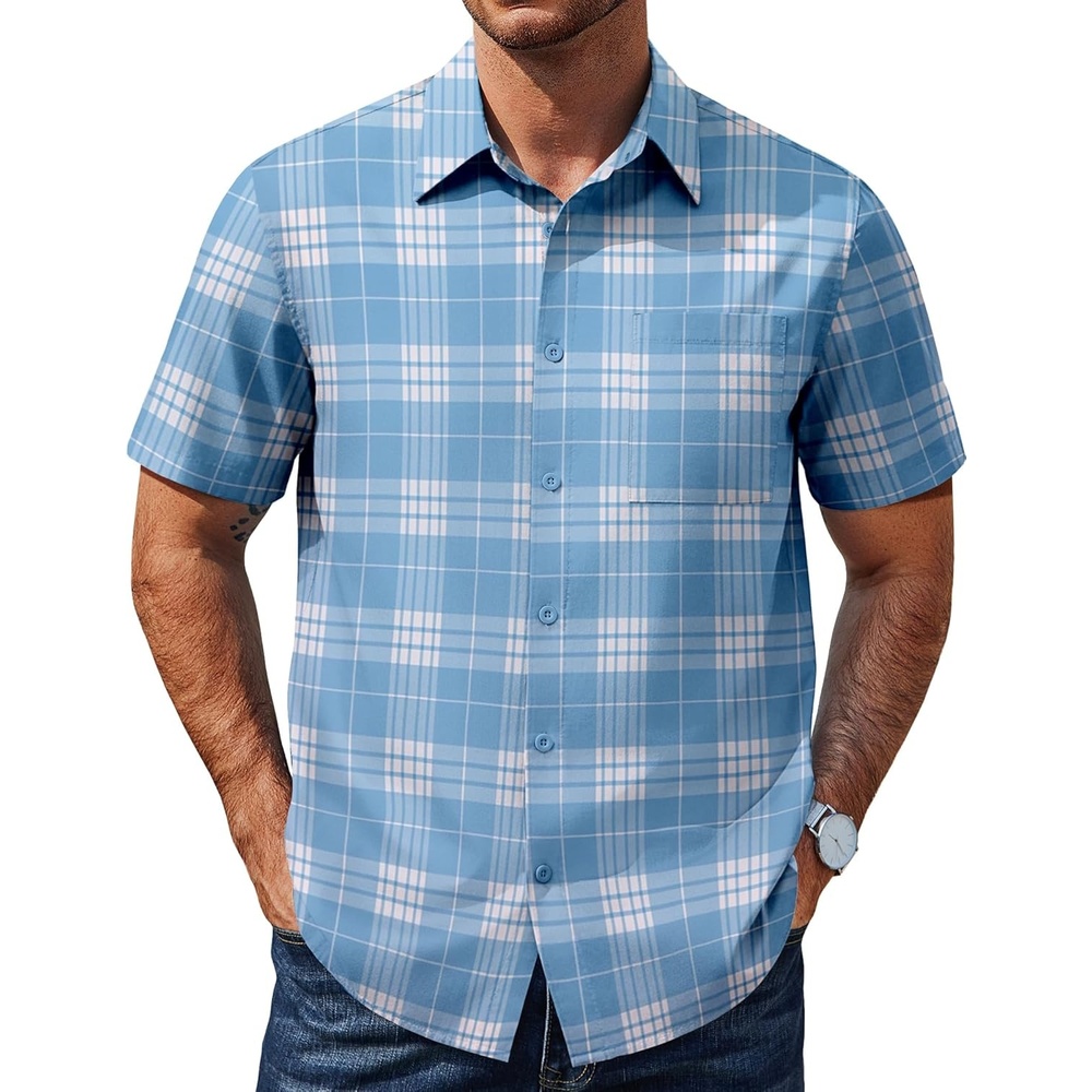 image:imageCOOFANDY Mens Plaid Button Down Shirts Short Sleeve Casual Summer Shirt Wrinkle Free Dress Shirts with PocketLight Blue White Plaid