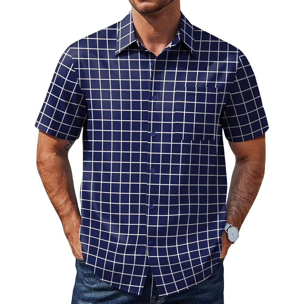 image:imageCOOFANDY Mens Plaid Button Down Shirts Short Sleeve Casual Summer Shirt Wrinkle Free Dress Shirts with PocketNavy Blue Plaid