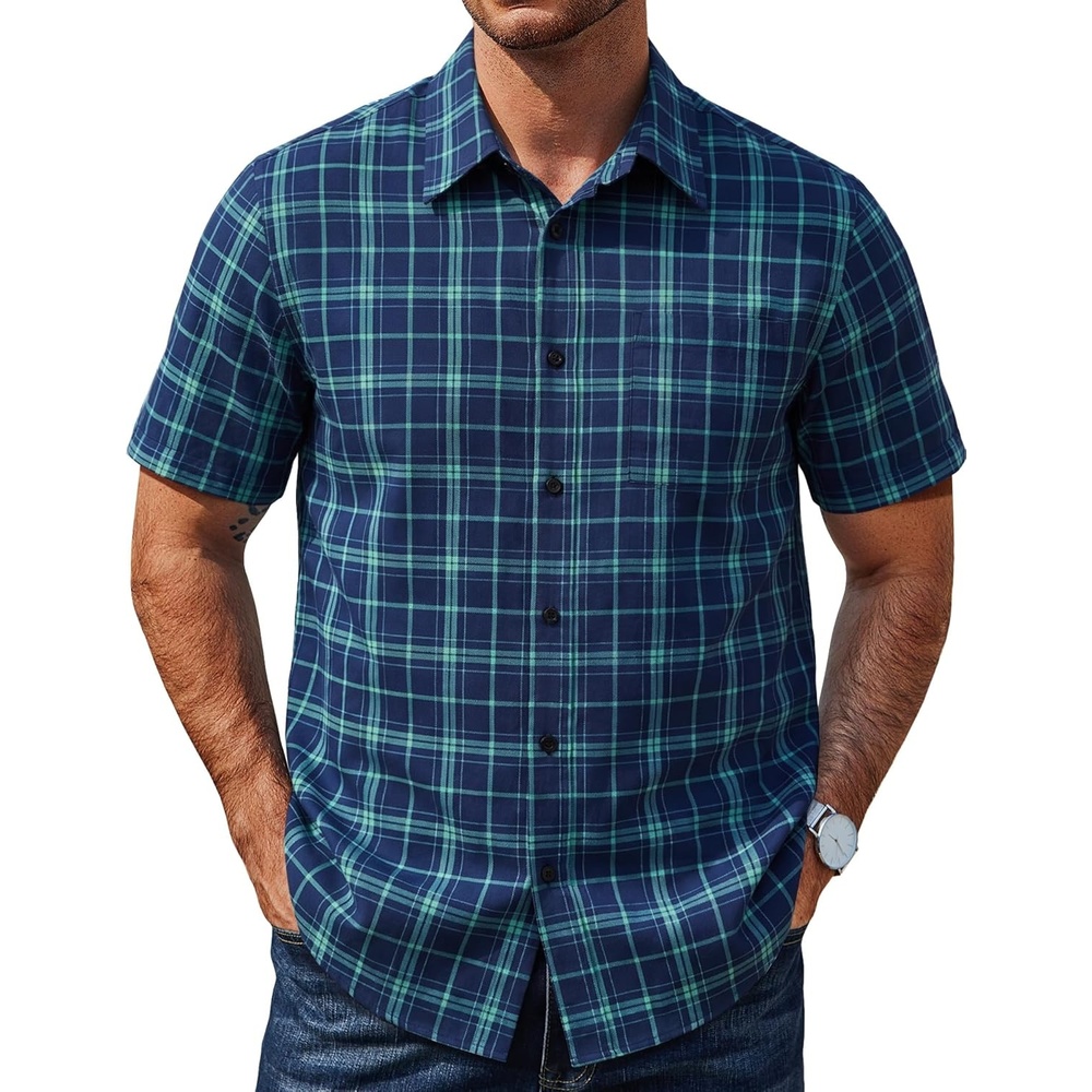 image:imageCOOFANDY Mens Plaid Button Down Shirts Short Sleeve Casual Summer Shirt Wrinkle Free Dress Shirts with PocketNavy and Green Plaid