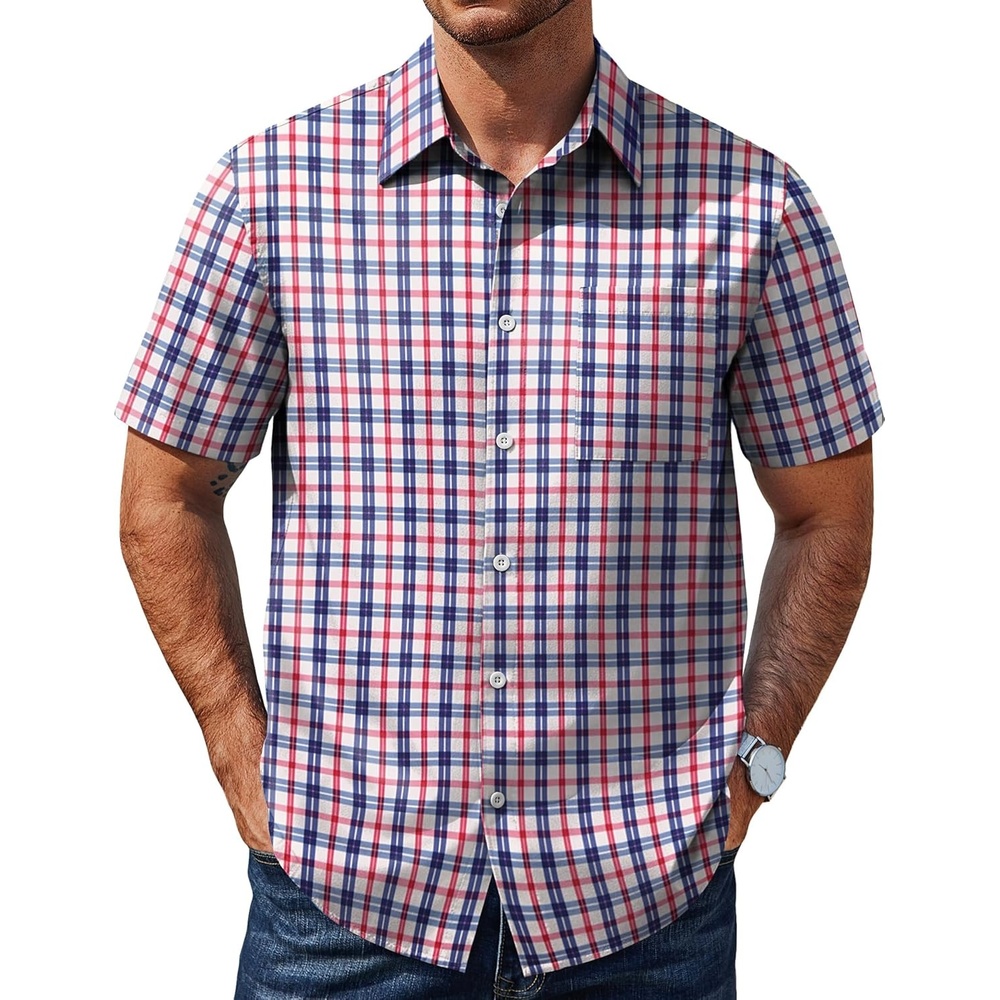 image:imageCOOFANDY Mens Plaid Button Down Shirts Short Sleeve Casual Summer Shirt Wrinkle Free Dress Shirts with PocketRed Navy Check
