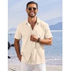 COOFANDY Button Up Shirts for Men Short Sleeve Linen Texture Shirt with Pocket Beach Shirts, Beige, Small