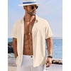 COOFANDY Button Up Shirts for Men Short Sleeve Linen Texture Shirt with Pocket Beach Shirts, Beige, Small