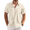 COOFANDY Button Up Shirts for Men Short Sleeve Linen Texture Shirt with Pocket Beach Shirts, Beige, Small