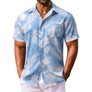 COOFANDY Men’s Hawaiian Shirt Short Sleeve Summer Button Down Shirts Tropical Vacation Beach Aloha Shirts with Pocket(Blue – White Leaf)