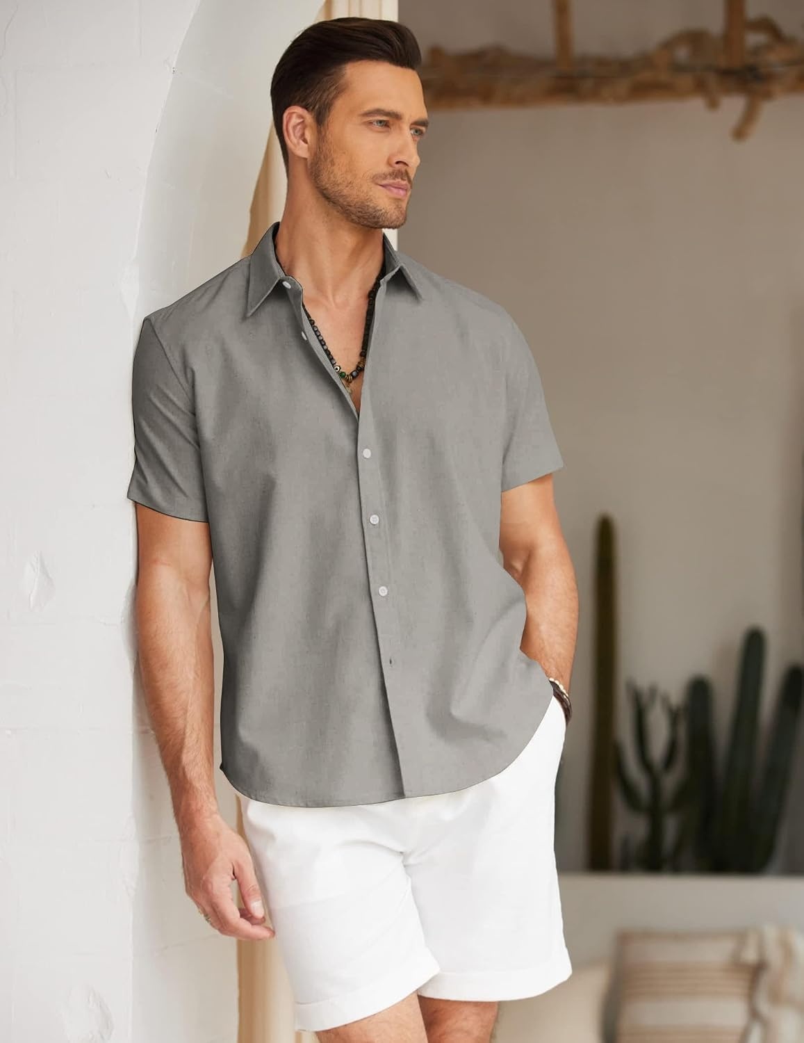 image:imageCOOFANDY Mens Button Down Short Sleeve Beach Shirts Casual Summer Button Up Cruise Vacation Linen ShirtGrey