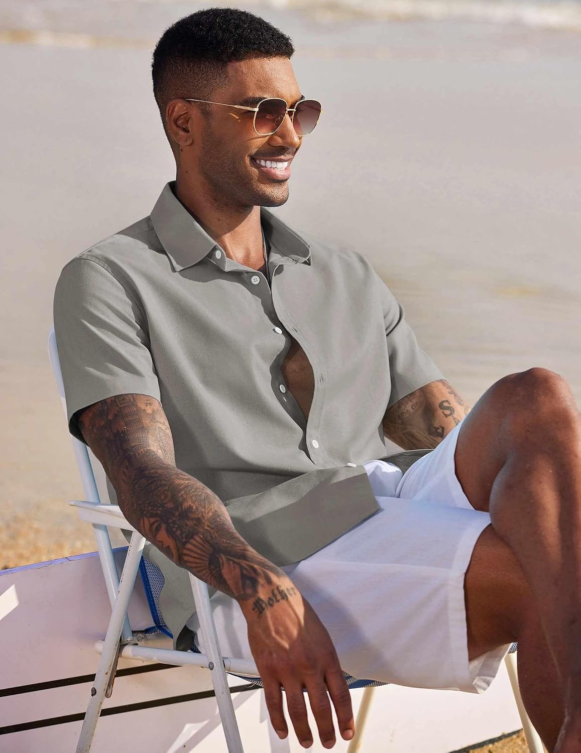 image:imageCOOFANDY Mens Button Down Short Sleeve Beach Shirts Casual Summer Button Up Cruise Vacation Linen ShirtGrey