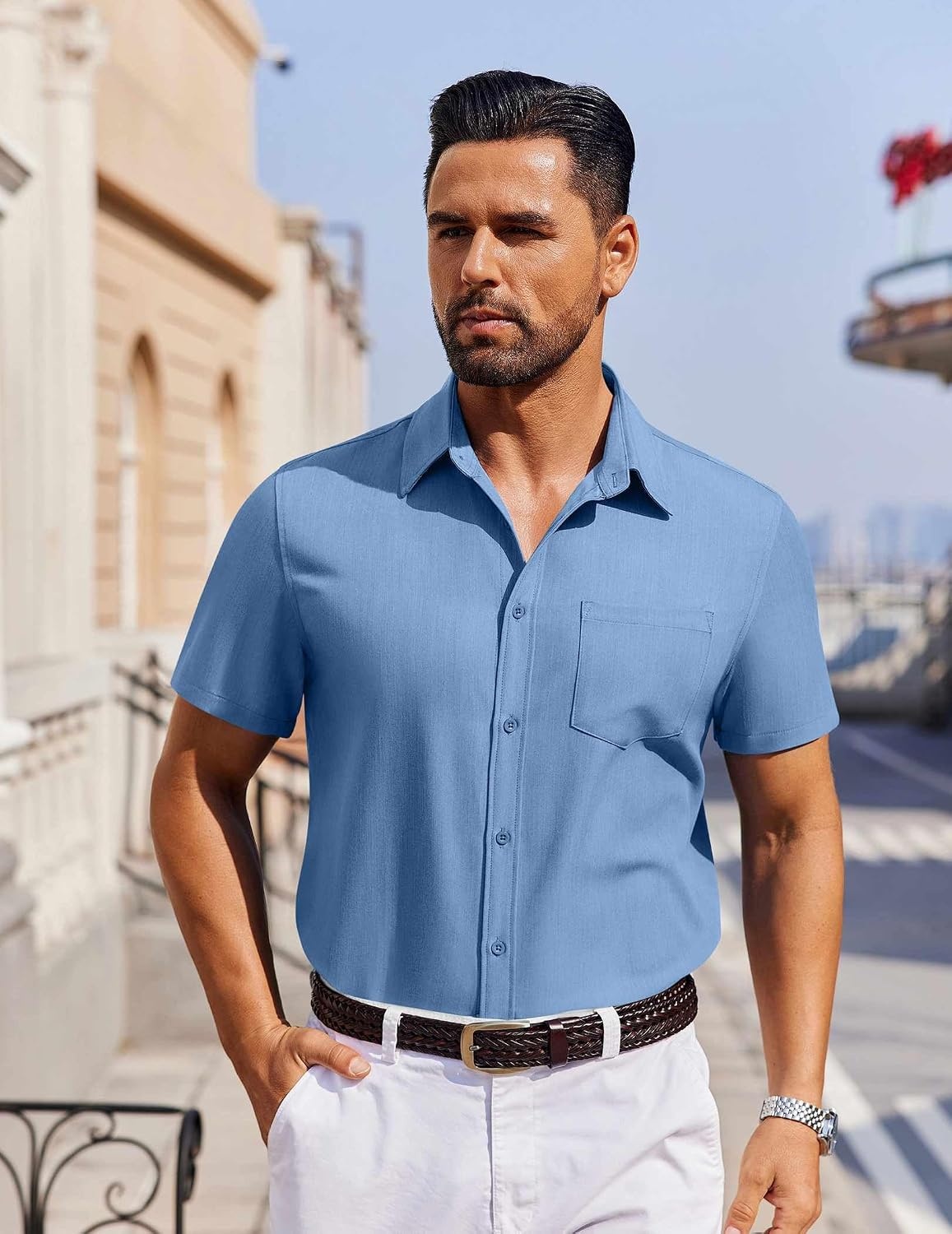 image:imageCOOFANDY Mens Button Down Short Sleeve Shirt Summer Casual Shirts with Pocket Light Blue Small