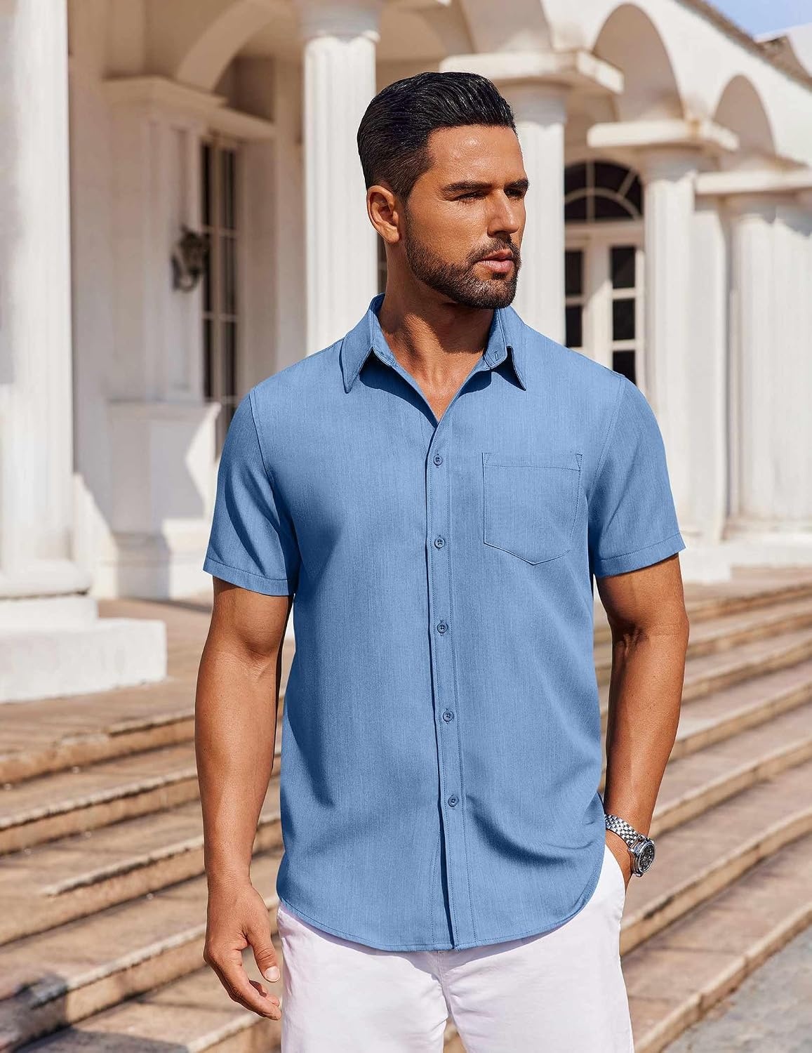 image:imageCOOFANDY Mens Button Down Short Sleeve Shirt Summer Casual Shirts with Pocket Light Blue Small